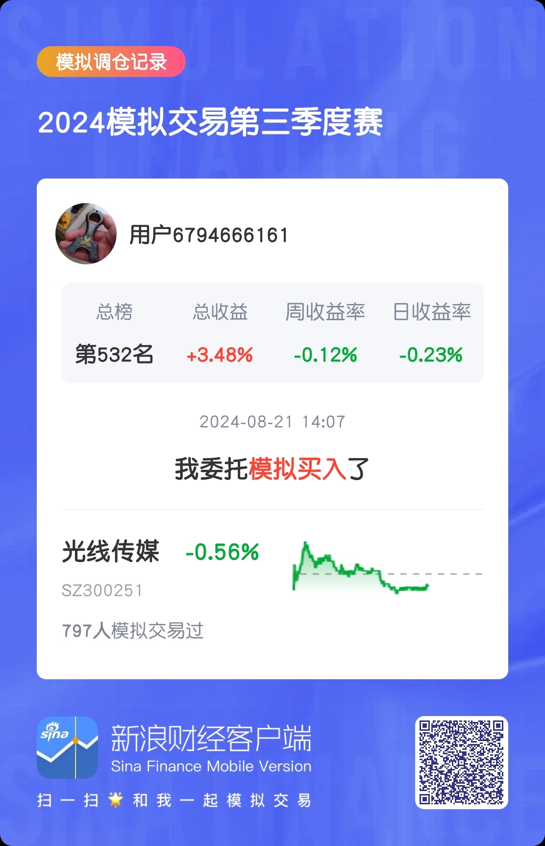 我刚刚委托交易了$光线传媒 s